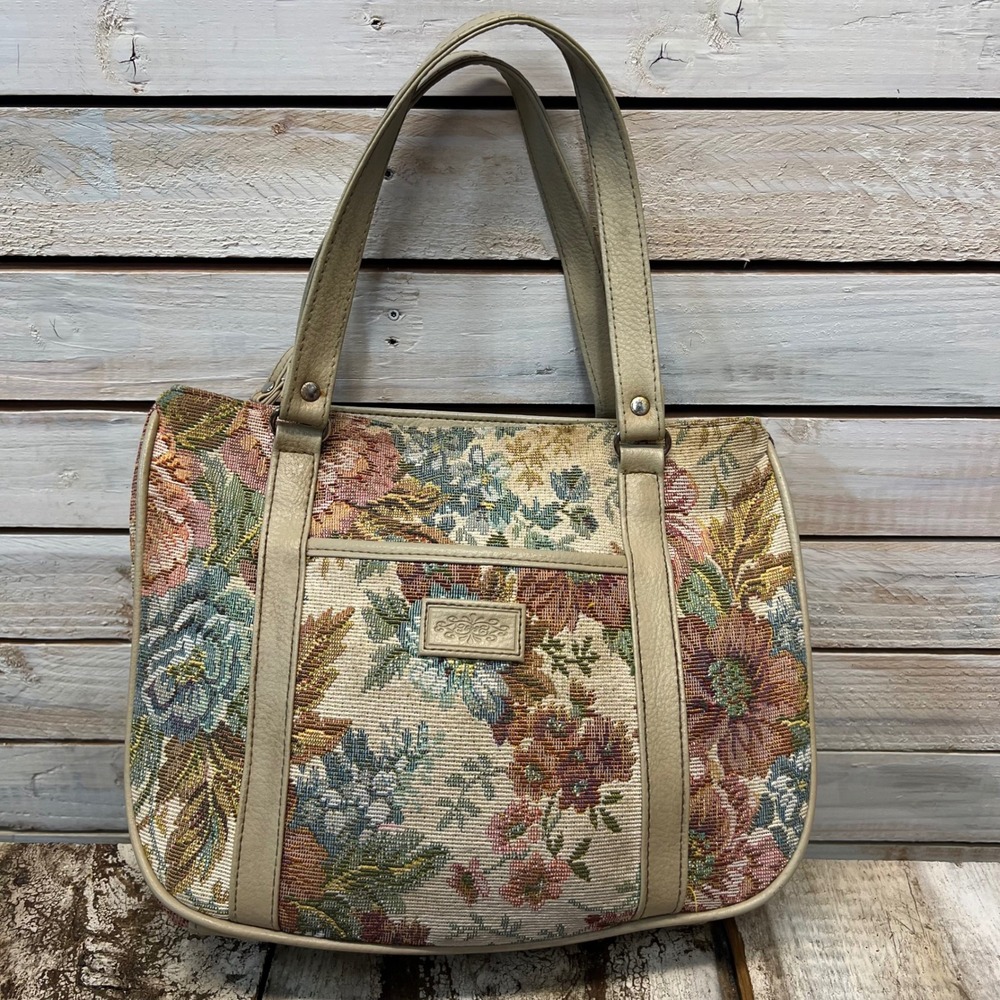 Vintage J.R. Bentley Beige Floral Tapestry Woven Shoulder Carpet Bag Cottagecore